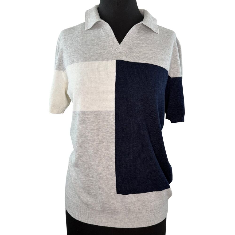 REISS Gray White Blue Polo Shirt Cotton Colorblock Split Neck Collar Sz S Small